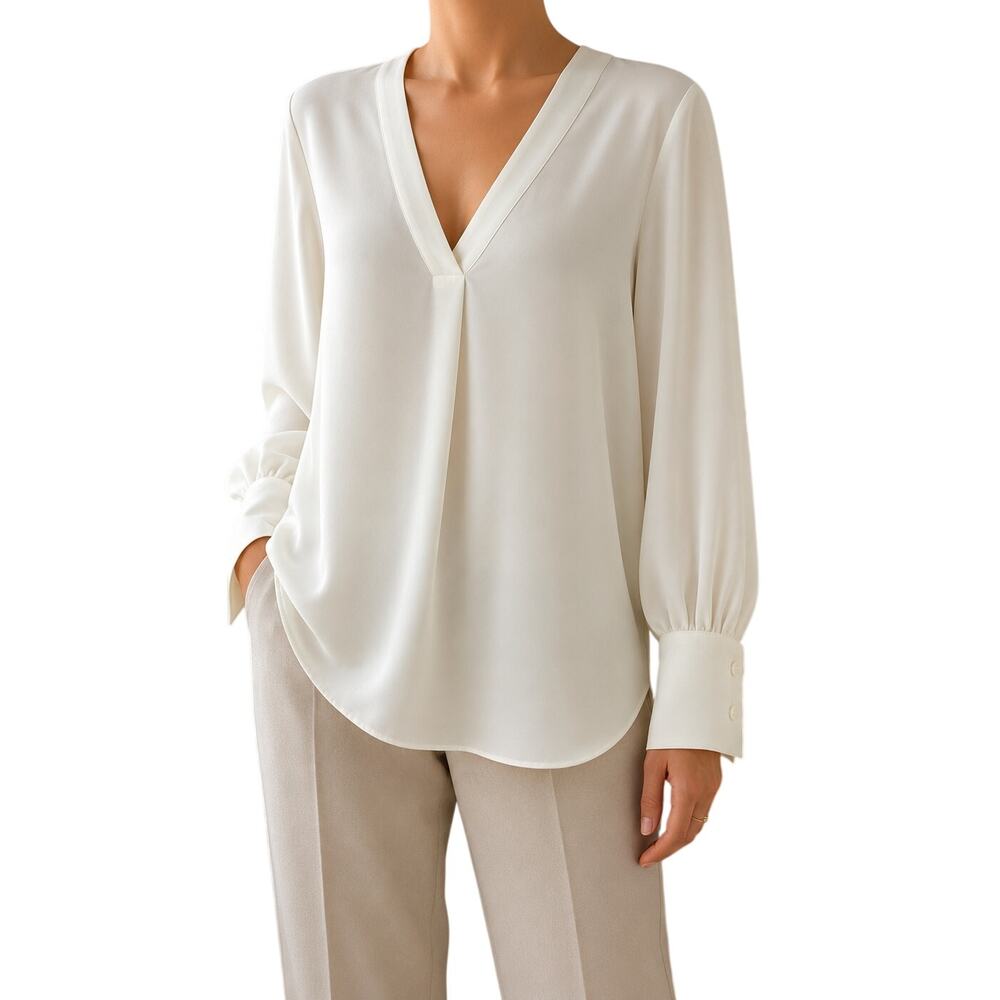 Cream Sheer Blouse Tunic Top Long Sleeve V Neck Cuff Sleeve Women L